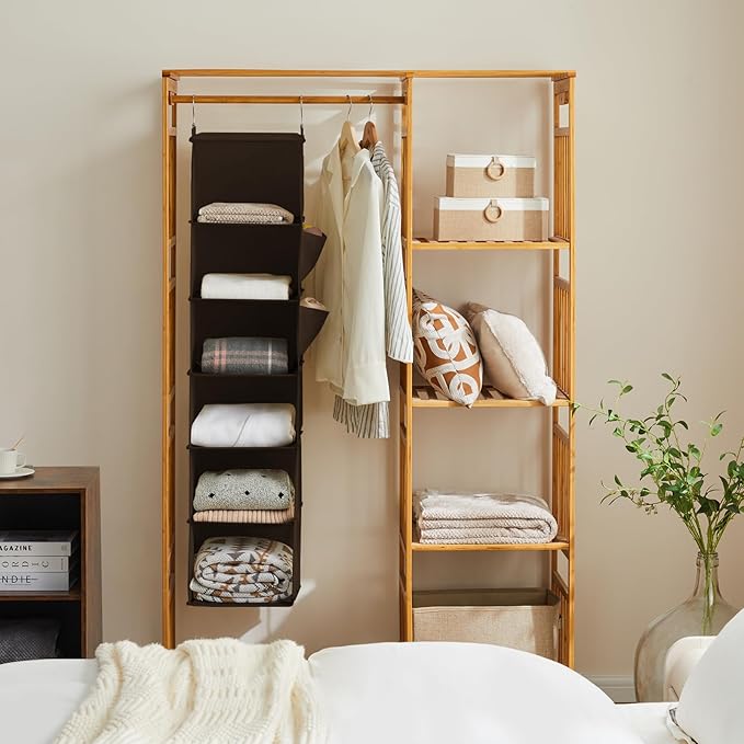 YOUDENOVA Hanging Closet Organizer, 6-Shelf Closet Hanging Storage Shelves, Brown