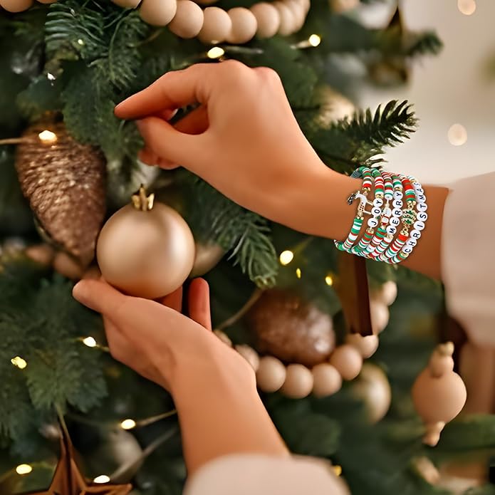 Artlunar 6 Pack Christmas Bracelets: Joy & Merry Candy-Style Stacks for Women & Teens - Perfect Christmas Gifts - Age 3 to Adult