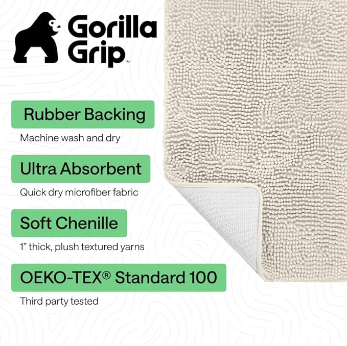 GORILLA GRIP Bath Rug Mat 30x20, Thick Soft Absorbent Chenille, Quick Dry Microfiber Mats, Rubber Backing Washable Shower Floor Rugs, US Designed Bathroom Bathmat Home Decor Accessories, Ivory Cream