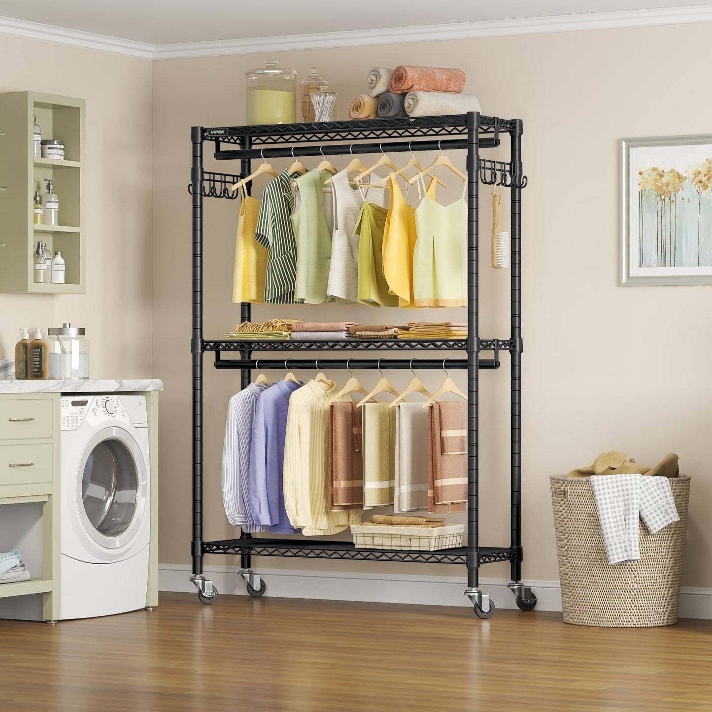 VIPEK R2 Plus Heavy Duty Rolling Garment Rack 3 Tiers Adjustable Wire Shelving Clothes Rack with Double Rods and Side Hooks, Freestanding Wardrobe Storage Rack Metal Clothing Rack, Black