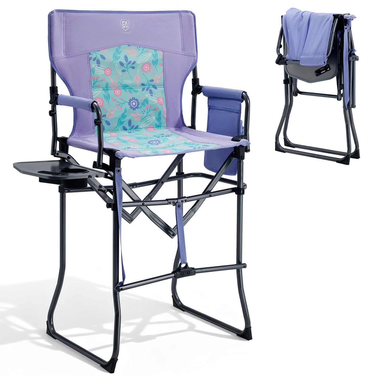 EVER ADVANCED Portable 30.7" Seat Height Tall Folding Camping Chair Directors Chair High Foldable Bar Stool with Side Table for Makeup Artist, Sports Event, Craft Show, Supports 350LBS