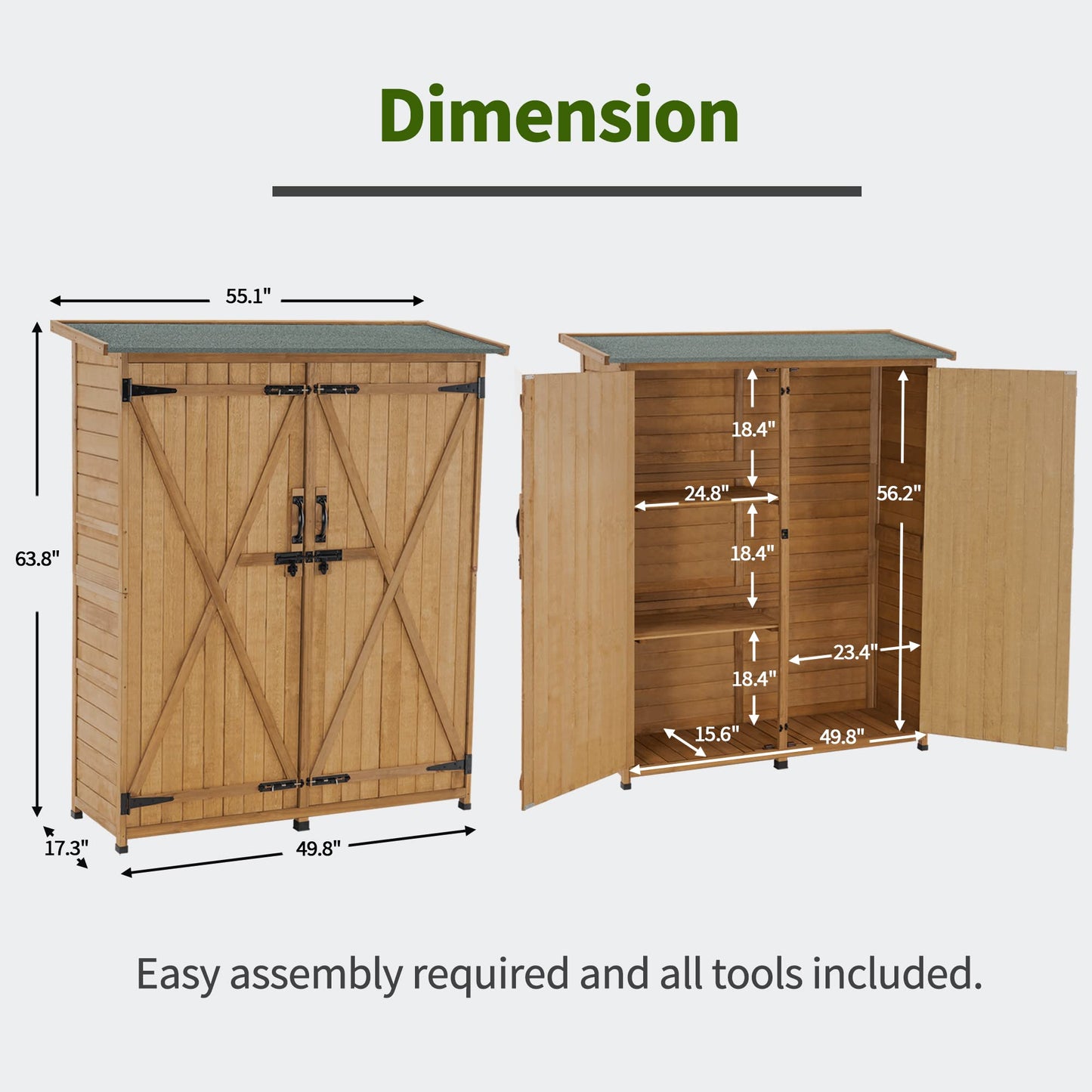 MCombo Outdoor Storage Cabinet with Shelves, Wood Garden Shed with Floor, Outside Tool Shed with 2 Lockable Doors for Yard Patio Lawn, 1400 (Natural)