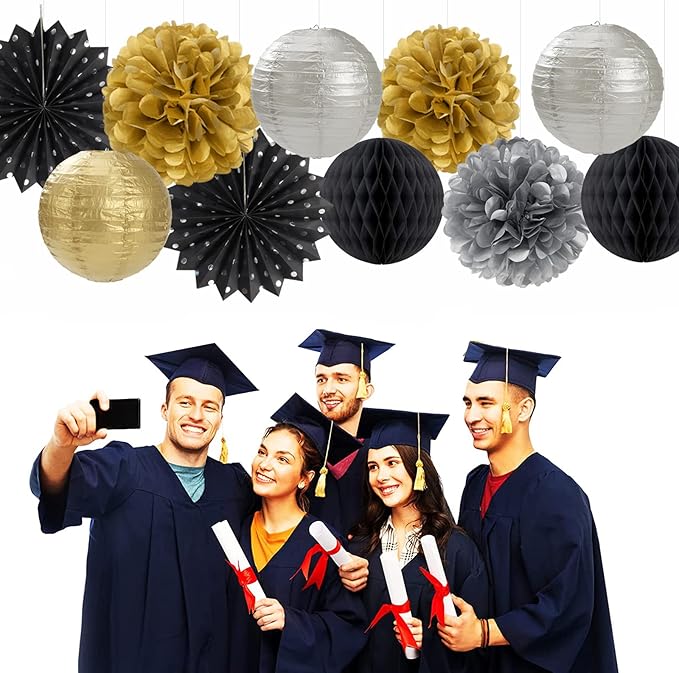 Black Gold Silver Party-Decorations Streamers-Lanterns - 14pcs Graduation 2025 Paper Fan,Tissue Flower Pom Poms Streamers,Honeycomb Balls,Men Birthday Wedding Baby Bridal Shower Decor Ouruola