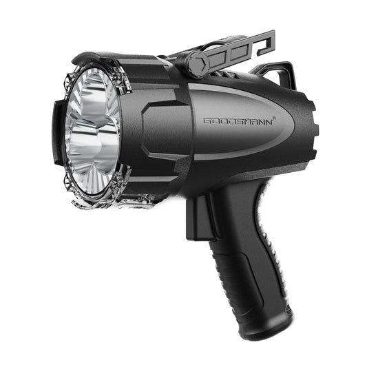 GOODSMANN Rechargeable Spotlight LED Portable Handheld Searchlight up to 6000 Lumen IP67 Waterproof Marine Spot Light for Hiking Boating Camping Hiking with EVA Carrying Case and Red Filter Lens