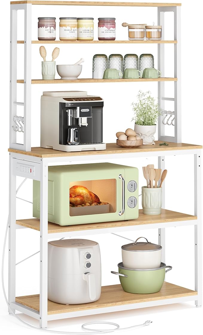 VASAGLE Bakers Rack with Power Outlet, 31.5 Inches Coffee Bar for Kitchen with Storage, 6-Tier Kitchen Shelves with 6 Hooks, Microwave Stand, Modern, Golden Oak and Cloud White UKKS119Y01