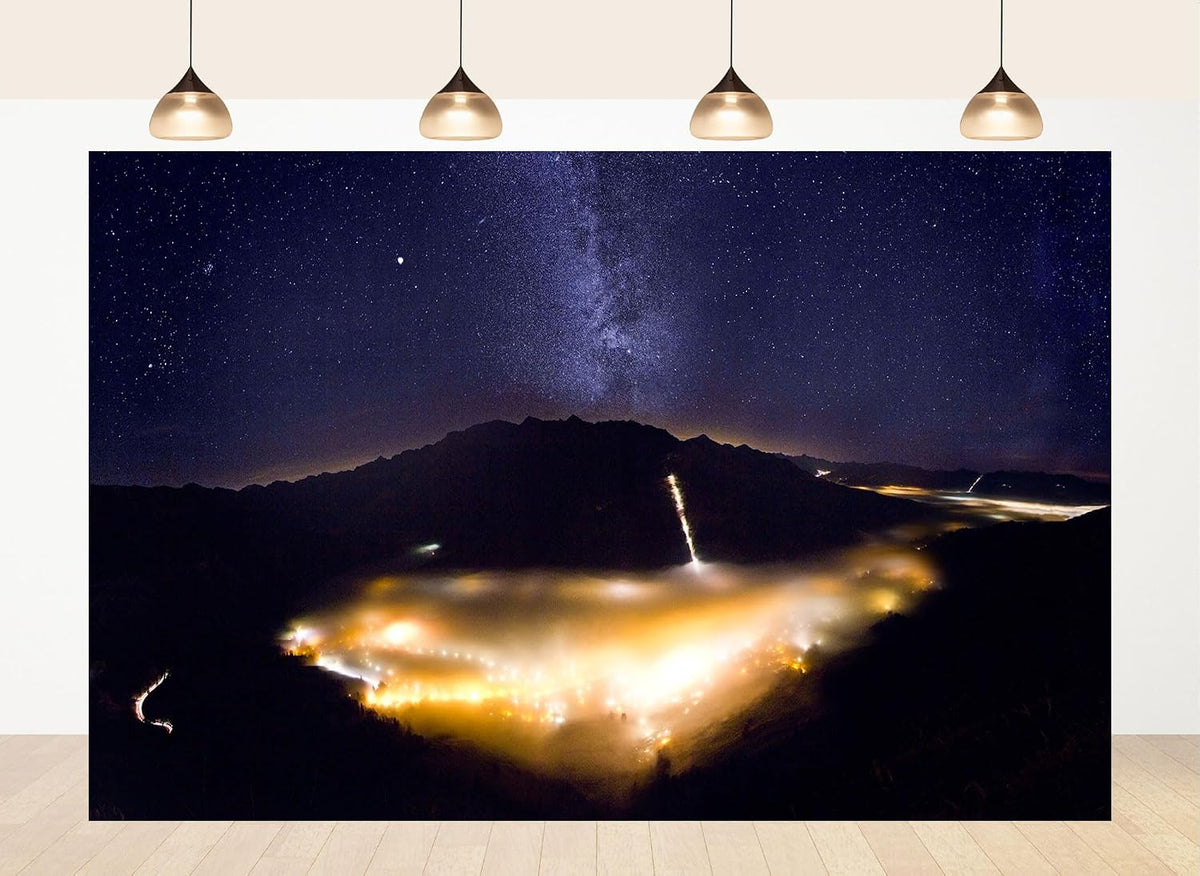 LidyMini 10x8ft Fabric Alpine Valley Starry Night Backdrop Milky Way Foggy Town Lights Photography Background Mountain