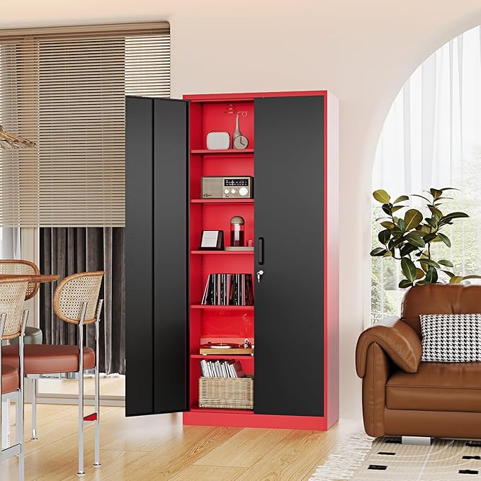 Metal Storage Cabinet-71” Tall Steel File Cabinets with Lockable Doors and Adjustable Shelves-Black&Red Steel Storage Cabinet for Home, School, Office, Garage