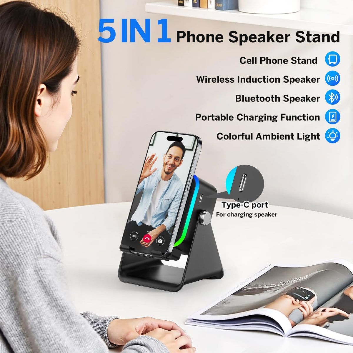 MILOUZ 5-in-1 3500mAh 8 360 Wireless Induction Speaker Bluetooth Speaker with Phone Stand,Stereo Sound, Rechargeable