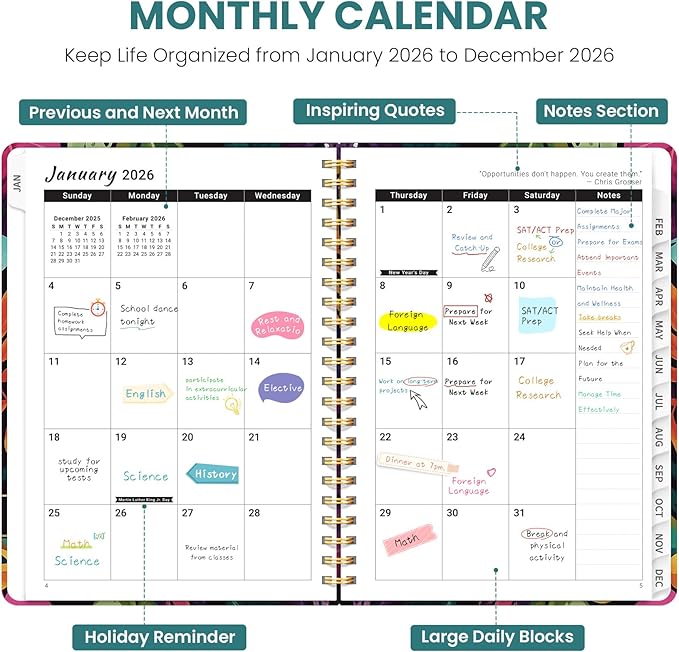 2026 Planner, Weekly and Monthly Planner for Women, Jan 2026 - Dec 2026 Pretty 2026 Calendar Planner with Monthly Tabs, Inner Pocket, Spiral Binding, Perfect for Office Home School - 6.3" x 8.5", Tropical Palms