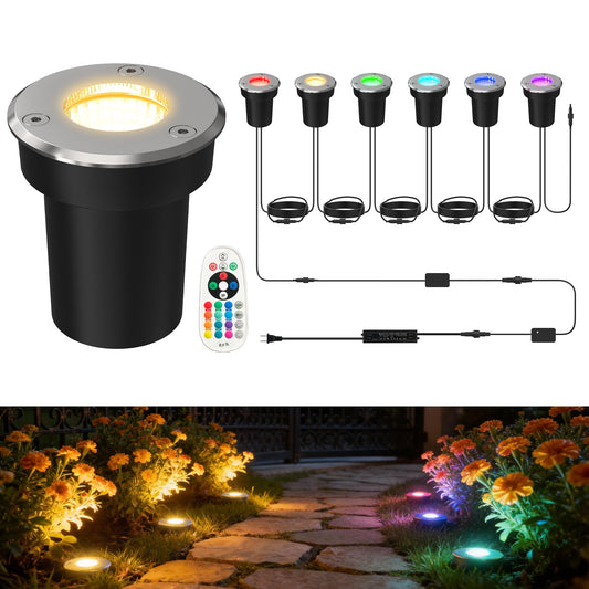 LOHAS Dusk to Dawn Low Voltage Landscape Lighting Warm White + RGB Modes, 6 Pack IP65 Outdoor In Ground Lights with Remote, Timer Color Changing Plug in Low Voltage Well Lights for Yard Garden Walkway