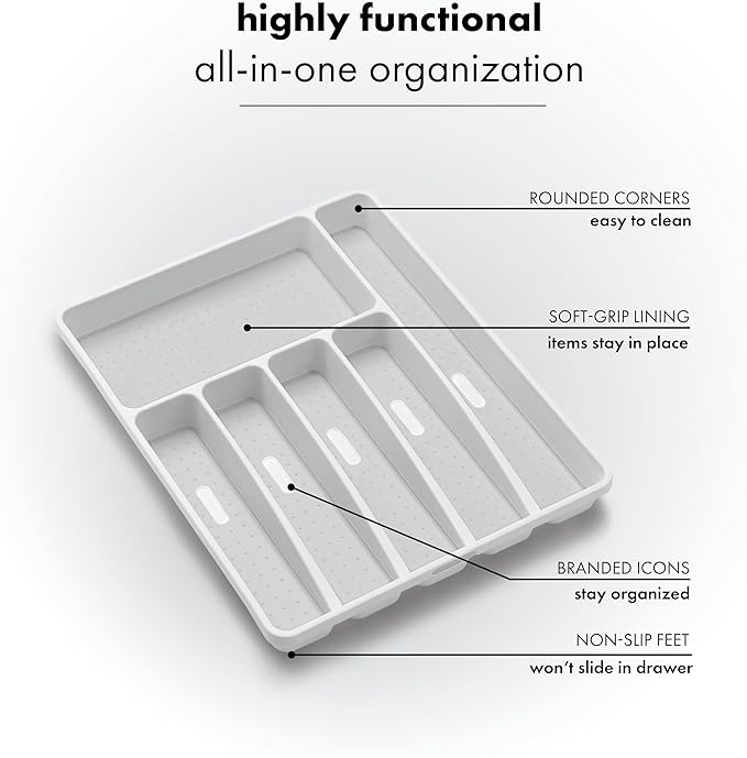 madesmart Classic Large Silverware Tray - White |CLASSIC COLLECTION | 6-Compartments| Kitchen Drawer Organizer | Soft-Grip Lining and Non-Slip Rubber Feet | BPA-Free (Pack of 6)