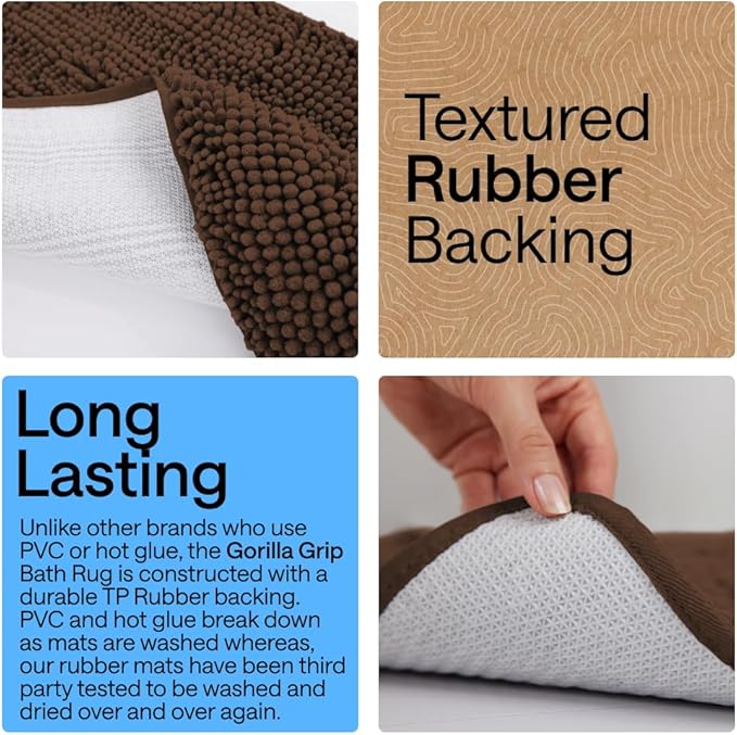 GORILLA GRIP Plush Absorbent Shaggy Chenille Bath Rug Mat for Square Toilet Base with Rubber Backing, Machine Washable Rugs, Soft Microfiber Contour Mats for Toilets, Bathroom Decor, Brown