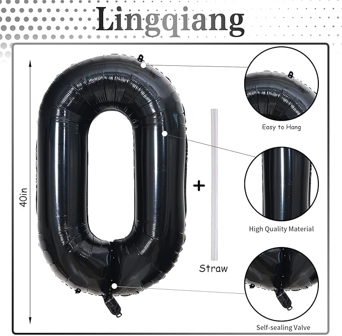 Black Number 0 Balloon for Girls Boys, 40 Inch Large Number 0-9 Foil Mylar Helium Digital Balloons Set for Women Men Birthday Graduation Anniversary New Year Eve Party Decorations Celebration Supplies