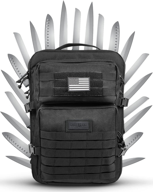 Chef Knife Bag Tactical Backpack XL, 30+ Pocket Knife Carrying Case for Chefs and Culinary Tools, Patented Retention Panels with Hook-and-Loop System, YKK Zippers, Fits 12in Knives