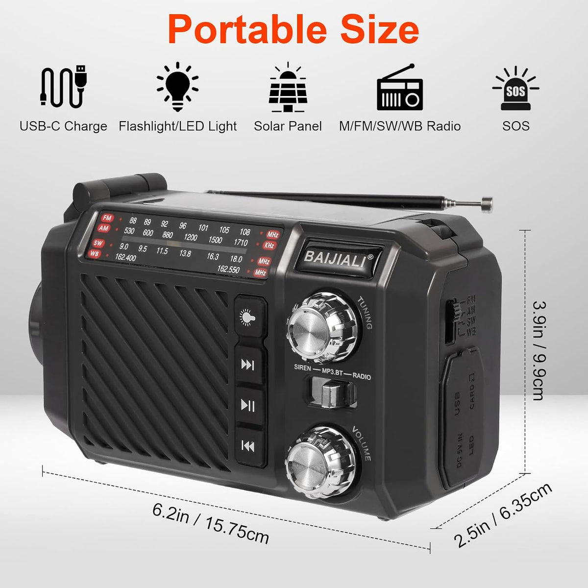 BAIJIALI 2600mAh/9620mWh Hand Crank Emergency Weather Radio with Power Bank, NOAA AM FM Shortwave Portable Radio, Solar