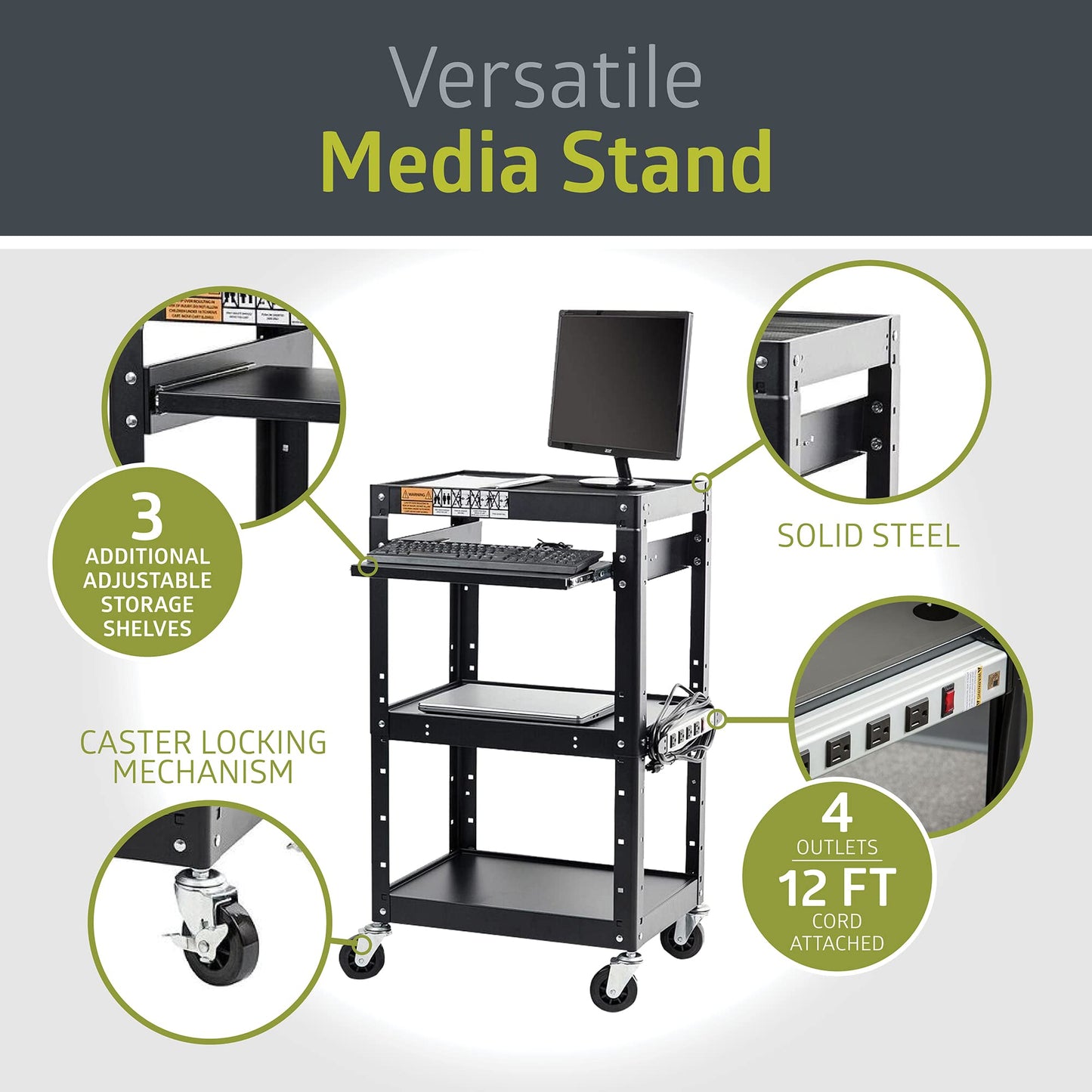 Pearington AV Presentation Cart Stand for Video Projector, TV, Laptop Computers, Printers, Metal Construction Rolling Storage Cart with Adjustable Shelves, 4 Wheels, 4 Outlets, 12ft Cord, Black