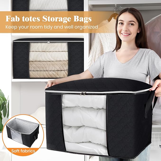 Fab totes 24 Gallons Clothes Storage, Foldable Thick Fabric Blanket Storage Bags, Containers for Organizing Bedroom, Closet, Clothing, Comforter, Organization with Handle (3 Pack,Black)