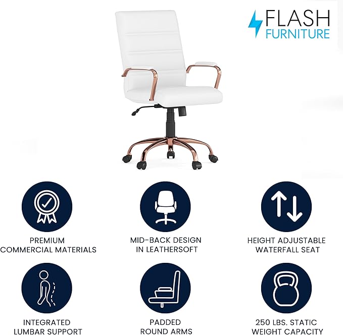 Flash Furniture Whitney Mid-Back Swivel LeatherSoft Desk Chair with Padded Seat and Armrests, Adjustable Height Padded LeatherSoft Office Chair, White/Rose Gold