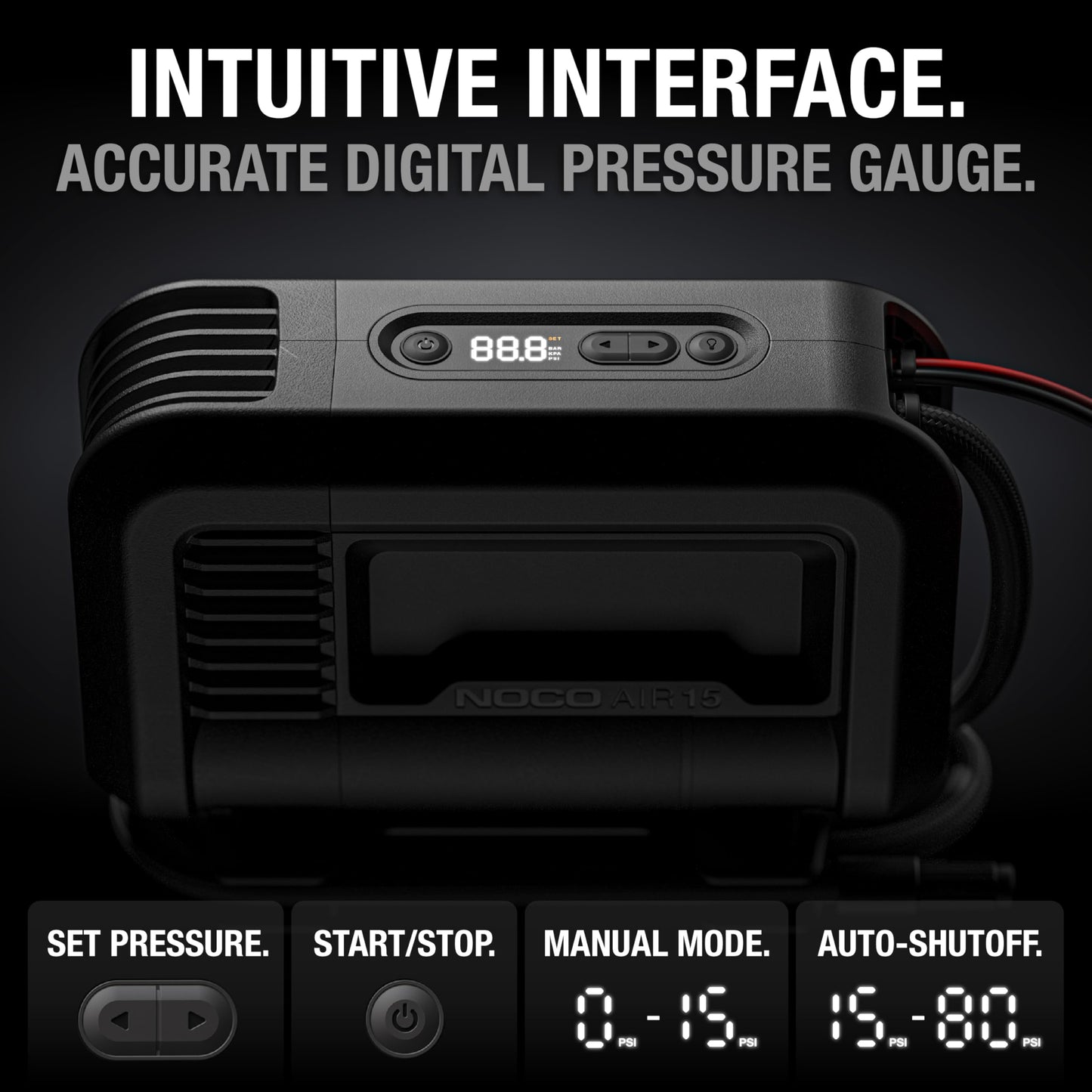 NOCO AIR15: UltraFast 15A Tire Inflator - 12V Portable Air Compressor Pump – 44 SLPM Airflow Inflates 0–40 PSI in 2.9 Minutes – Digital Gauge + Auto-Shutoff