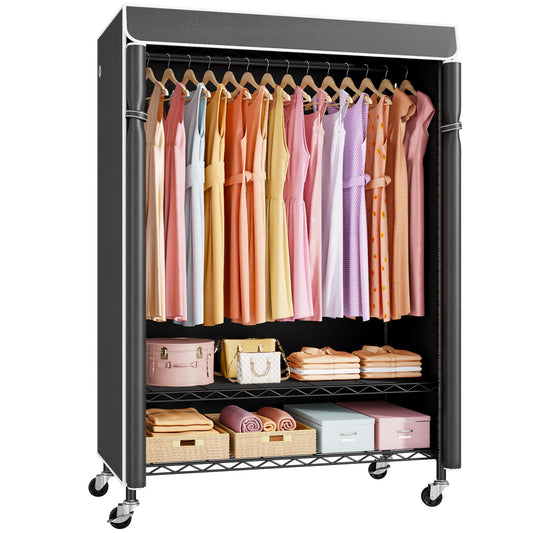 ULIFHOME P6C Plus Rolling Clothes Rack with Cover, Covered Clothing Rack Heavy Duty, Portable Closet for Hanging Clothes, Garment Rack on Wheels, Black Closet Rack with Black Cover, Max Load 375LBS