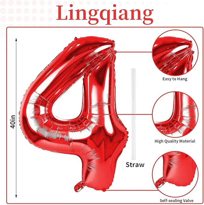 40 Inch Red Foil Balloon Number 4, Giant Self Inflating Number Balloons 0-9 for Men Women, Digital 4 Helium Balloons Set for Girls Boys 4th Birthday Anniversary Party Decorations Supplies