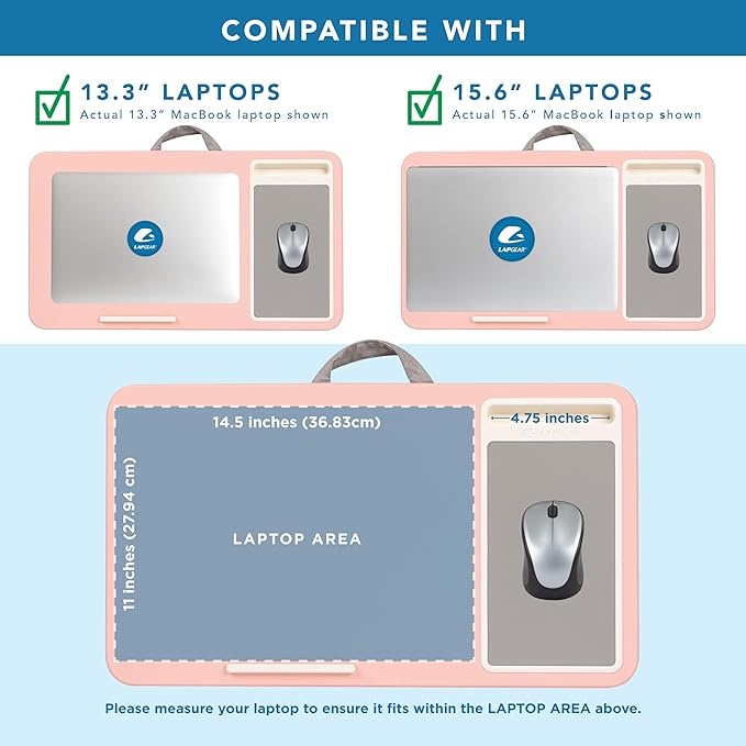 LAPGEAR Home Office Lap Desk with Device Ledge, Mouse Pad, and Phone Holder - Pink - Fits up to 15.6 Inch Laptops - Style No. 91584