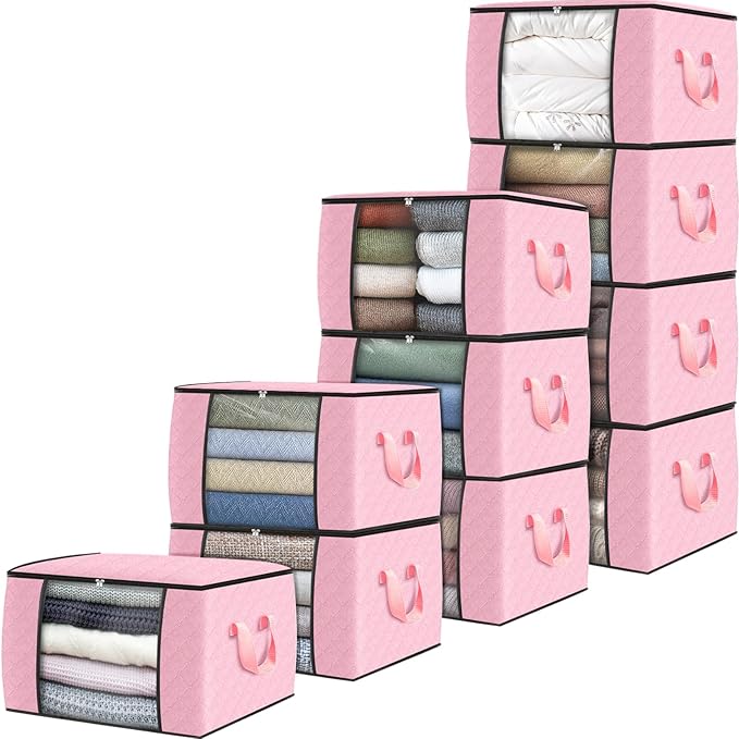 Fab totes 10 Pack Clothes Storage, Foldable Thick Fabric Blanket Storage Bags, Containers for Organizing Bedroom, Closet, Clothing, Comforter, Organization with Handle,Pink