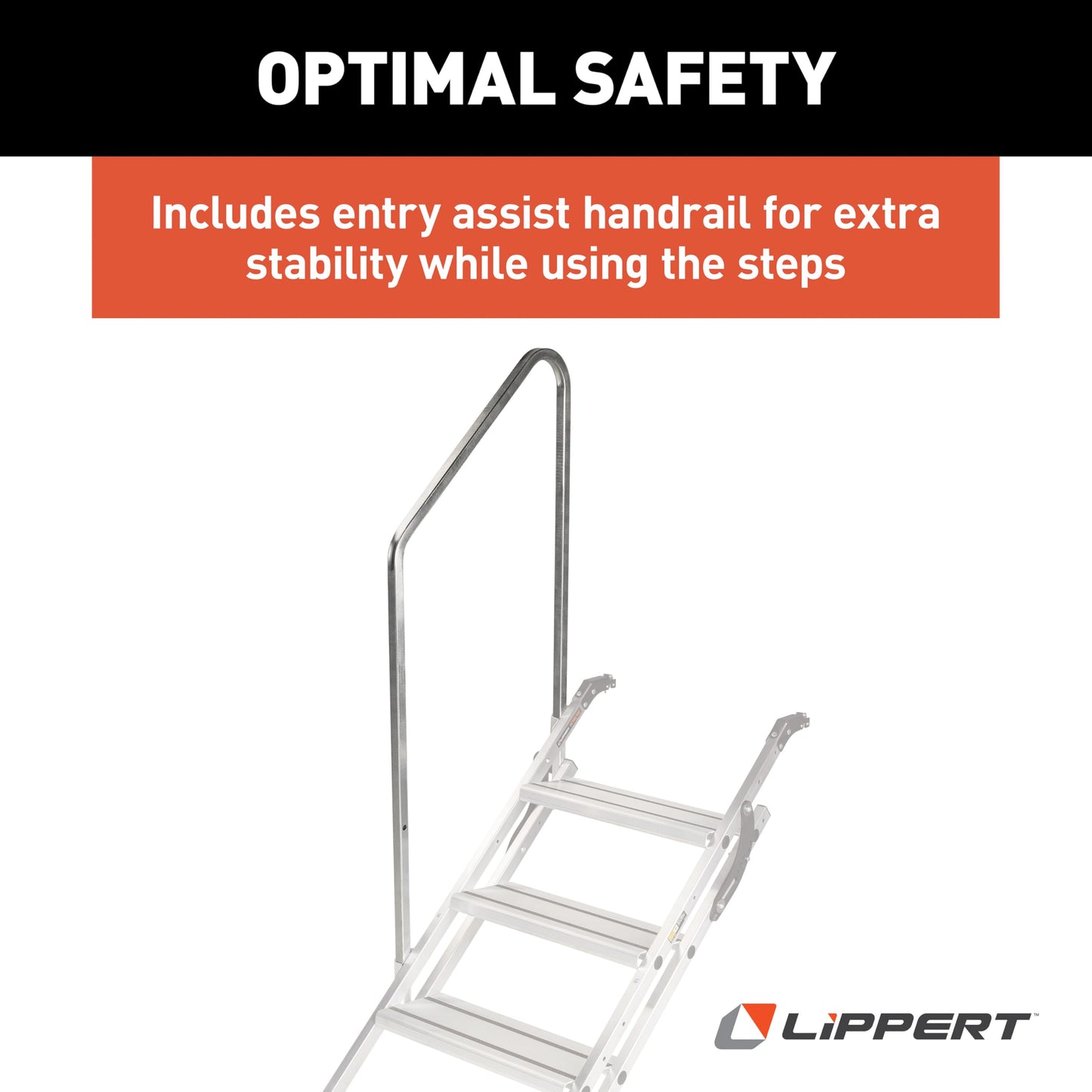 Lippert Victory Step Triple RV Steps for Toy Hauler Patio Systems with Entry Assist Handrail, 300-lb. Weight Capacity, 8" Rise, Anti-Slip Treads, Adjustable Legs/Step Pitch, Easy Storage - 2023024500