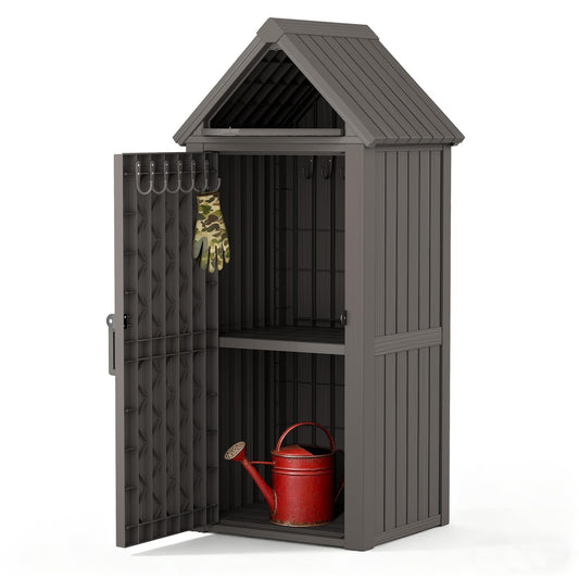 WTFGO Vertical Outdoor Storage Shed, Waterproof Resin Outdoor Storage Cabinet with Removable Shelves & 12 Hooks, Lockable Small Tool Shed for Garden, Backyard, Patio, Pool, Gray