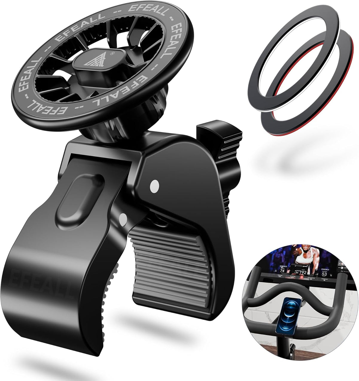 EFEALL Magnetic Phone Holder, Strong Magnet Stroller Phone Mount with Two Metal Rings, for Indoor Gym Equipment(