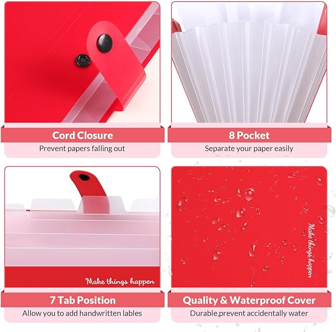 SKYDUE 8 Pockets Expanding File Organizer, Expandable File Folders with Pockets, Portable Document Paper Organizer, A4 Letter Size Filing Folder, Snap Closure, Red