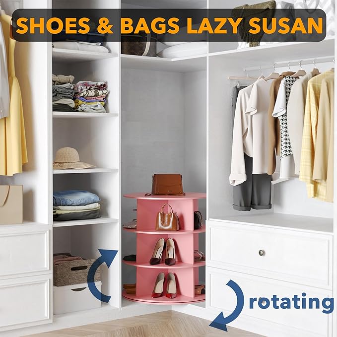 SpaceAid 3 Tier Rotating Shoe Rack Tower, Spinning Shoe Display Lazy Susan, Revolving 360 Shoe Rack Storage Round Carousel, Vertical Handbag Rotate Shoes Closet Organization (3-Tier Pink)