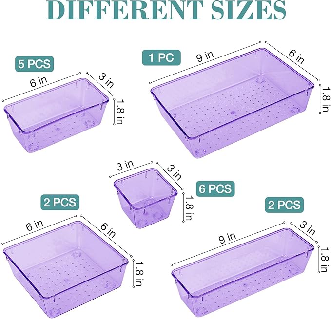 16 PCS Drawer Organizer Set, 5 Varied Size Bathroom and kitchen Drawer cabinet organizer Trays, Clear Storage Bins for Makeup, Jewelry, Utensils and Gadgets, Purple