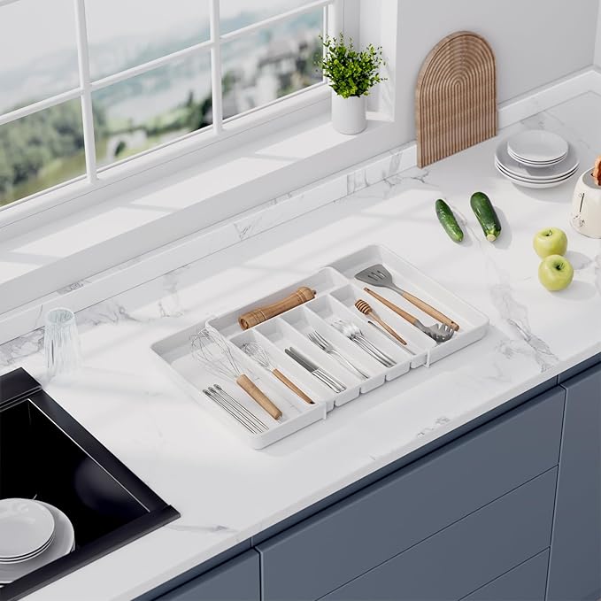 Aujen Silverware Organizer - Expandable Kitchen Drawer Organizer, Adjustable Utensil Organizer, Cutlery Tray for Forks, Knives, Multipurpose Kitchen Organizers and Storage Solution, White, Large