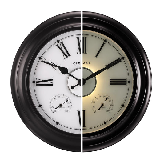 CLXEAST Illuminated Outdoor Indoor Metal Clocks Waterproof 24 inch, Oil Rubbed Bronze Black,Oversized Large Outdoor Roman Numeral Wall Clock with Thermometer & Hygrometer