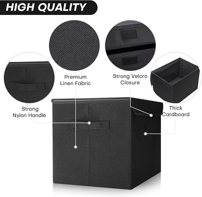 Large 22 Quart Linen Fabric Foldable Storage Bin Cube Organizer Basket with Flip-Top Lid & Handles, Clothes Blanket Box for Home, Office, Closet, Black, 4 Pack 14.6 x 9.5 x 9.5”