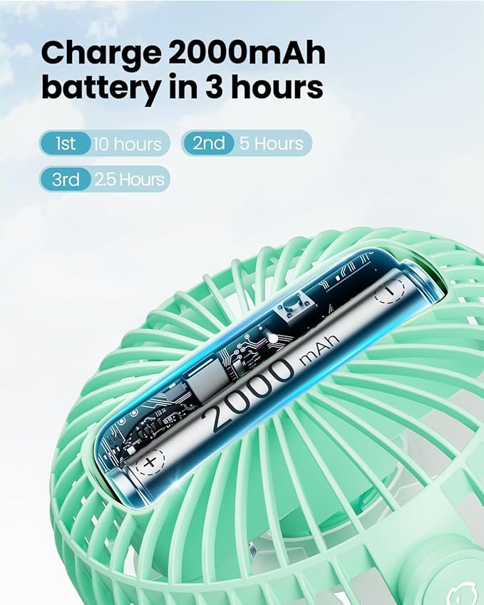 Gaiatop Mini Portable Stroller Fan, Battery Operated Small Clip on, Detachable 3 Speed Rechargeable, 360° Rotate Flexible Tripod Better Cooling for Car Seat Crib Treadmill Travel Green