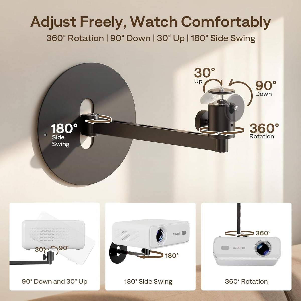 Aurzen 360 90 4.4 lbs, Projector Wall Mount Shelf, Wall Use with Adjustable Angle, Rotation and Tilt, Foldable