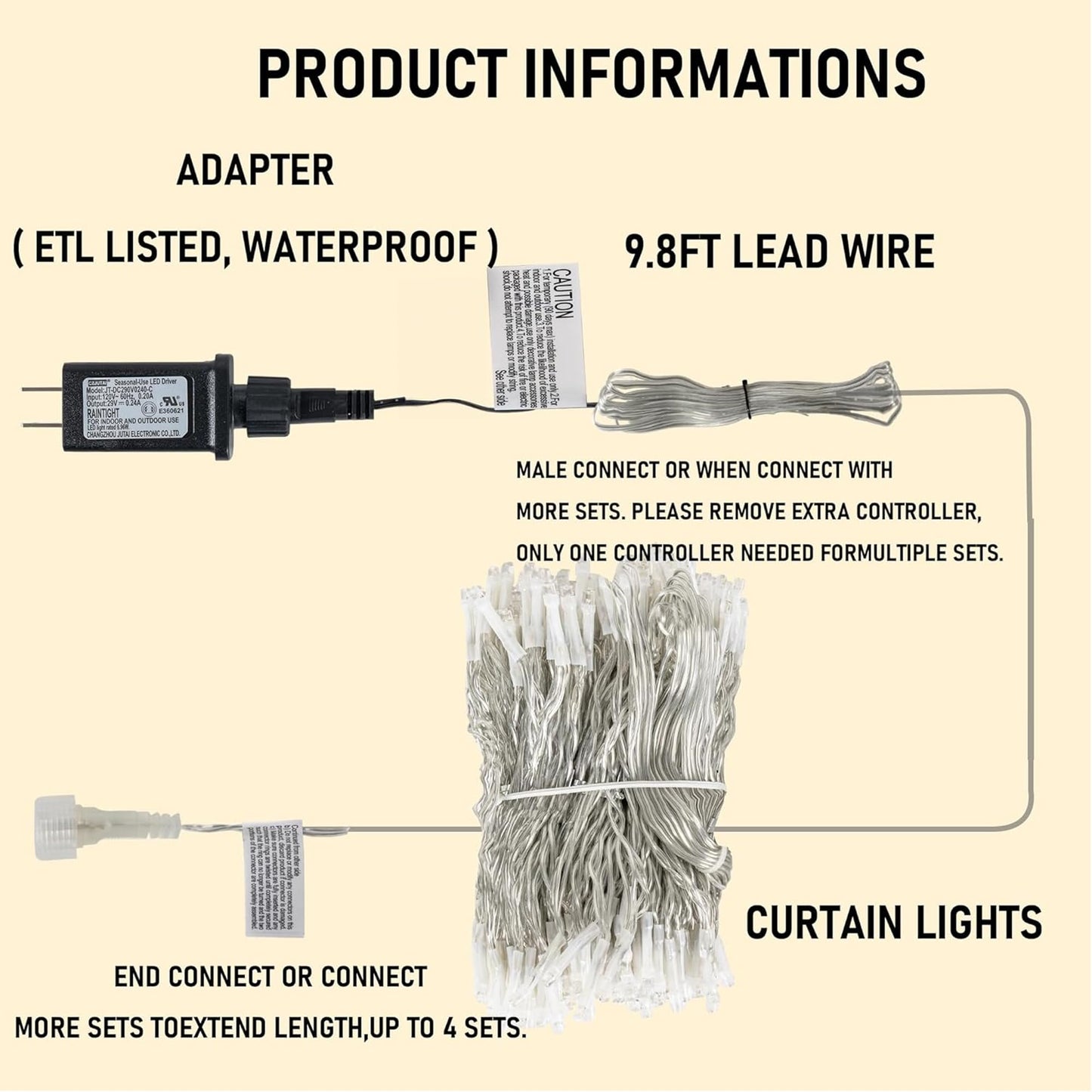 Dazzle Bright 300 LED Curtain String Lights, Waterproof, 8 Lighting Modes, Blue, Model CL-300CC