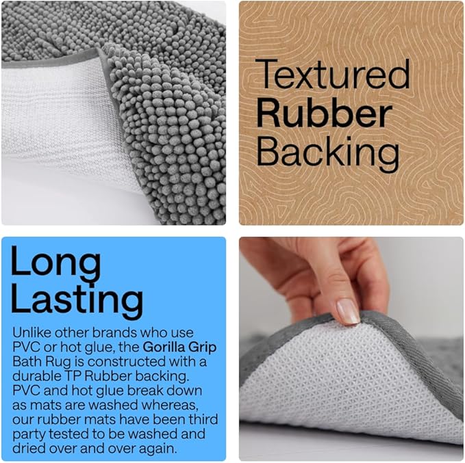 GORILLA GRIP Bath Rug Mat, Thick Soft Absorbent Chenille, Quick Dry Microfiber Mats, Rubber Backing Washable Shower Floor Rugs, US Designed Bathroom Bathmat Home Decor Accessories, 24x17, Grey