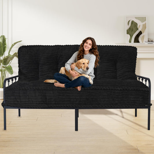 8” Futon Mattress Full Size 54” x 80”, Futon Sofa Couch Bed with Twisted Rope Design Edging, Extra Thick Corded Floor Futon Mattress Sleeping Mat for Adults, Camping, Dorm, Black(Frame Not Included)