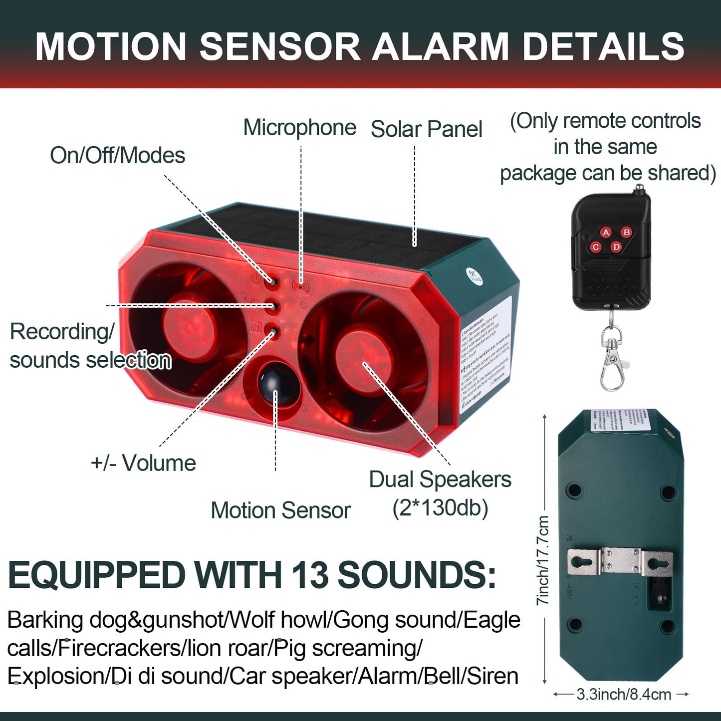Qualirey 6 Pcs Solar Outdoor Motion Sensor Alarm Motion Sensor Animal Deterrent Dog Barking Alarm 13 Sound 130db Loud Noise Maker 4 Mode with USB Remote Control Support Recording Volume Adjustment