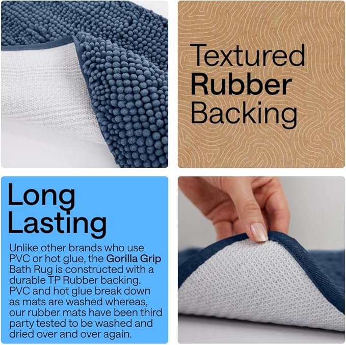 GORILLA GRIP Bath Rug Mat 42x24, Soft Absorbent Chenille, Quick Dry Microfiber Mats, Rubber Backing Washable Shower Floor Rugs, Bathmat Runner, US Designed Bathroom Home Decor Accessories Navy Blue