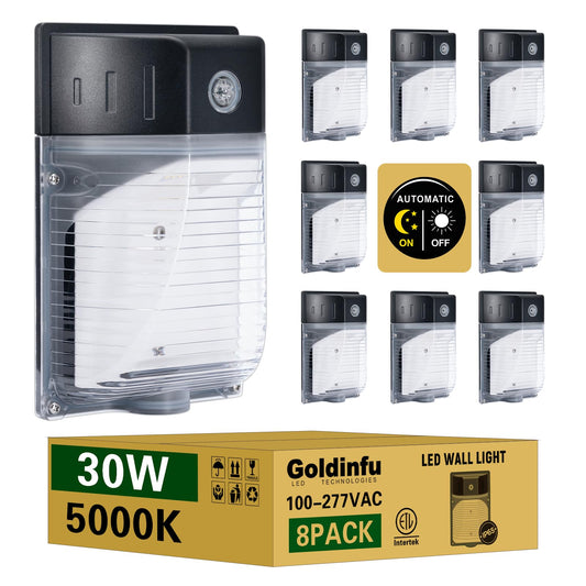 30W LED Wall Pack Light with Dusk to Dawn Photocell 8Pack, 5000K Daylight, Commercial Security Lighting Outdoor LED Wall Lights for Porch Garage Garden, IP65 Waterproof, 100-277VAC, ETL Listed