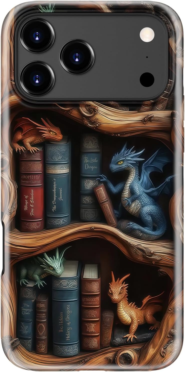 DEENAKIN 17 for iPhone Pro Case Cute,Aesthetic Baby Dragon and Bookshelf Floral Phone Case, Compatible with Magsafe