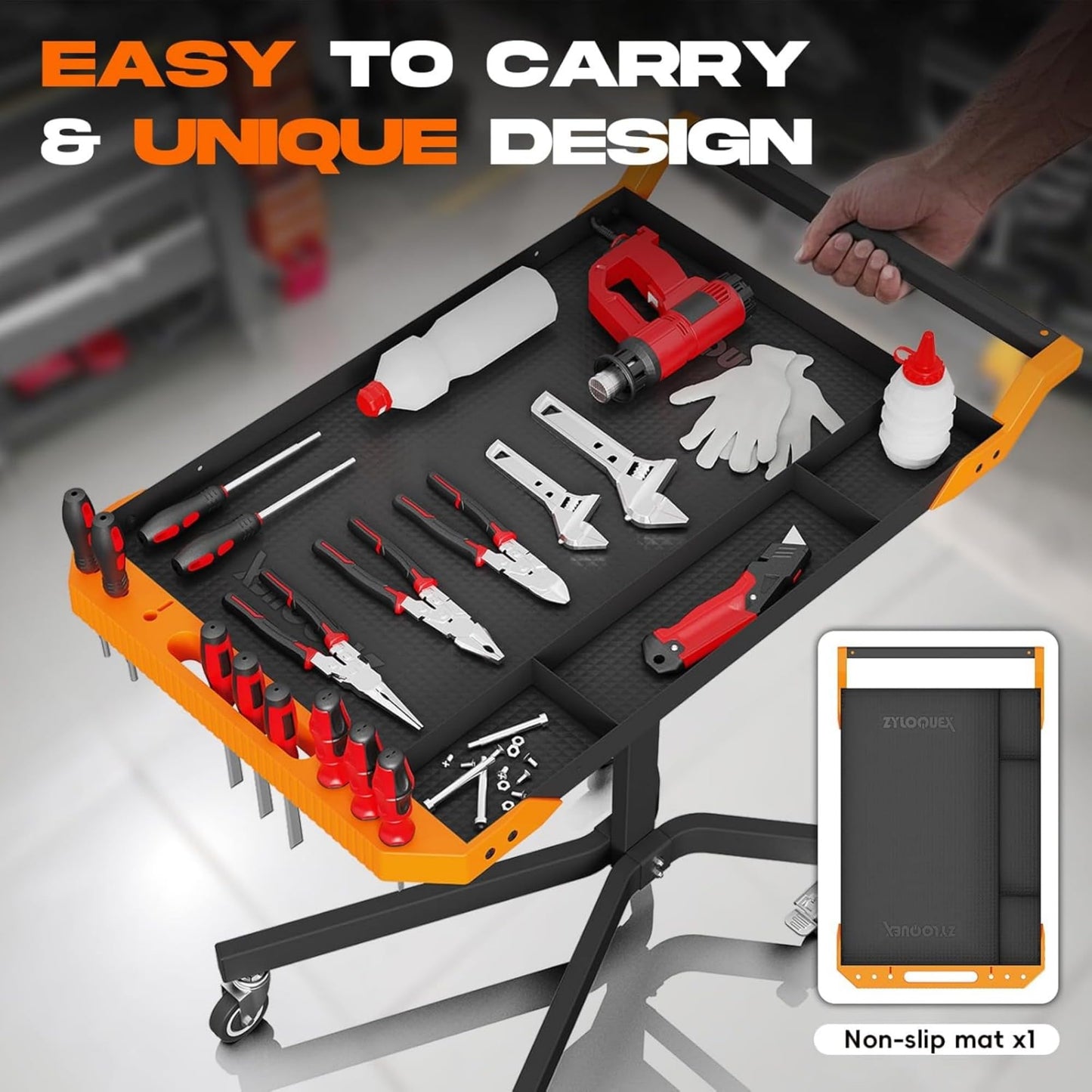 Adjustable Work Bench,Work Benches for Garage,Tool Cart On Wheels,Mobile Rolling Tool Cart 34” to 48” Heigh,Tool Bench with A Max Capacity of 110 lbs,Multi-Scene Work Table(Orange)