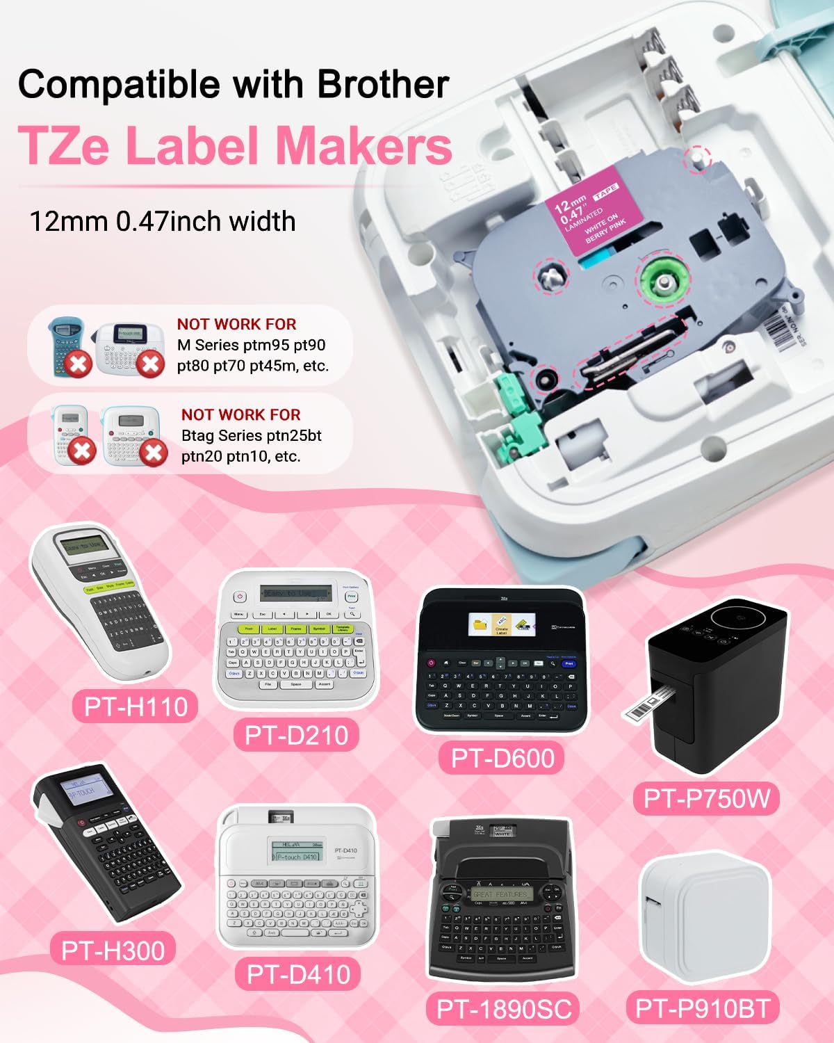 5P TZe-MQP35 G35 F31 E31 MQ531 12mm 0.47 PTD210 PTD400 PTP300BT Compatible with Brother P Touch Label Tape TZ Tape
