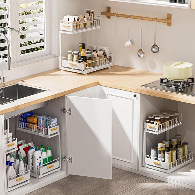 Under Sink Organizer, High Adjustable 2 Tier Under Kitchen Sink Organizer, Multi-Purpose Storage Shelf for Kitchen Bathroom Cabinet, White