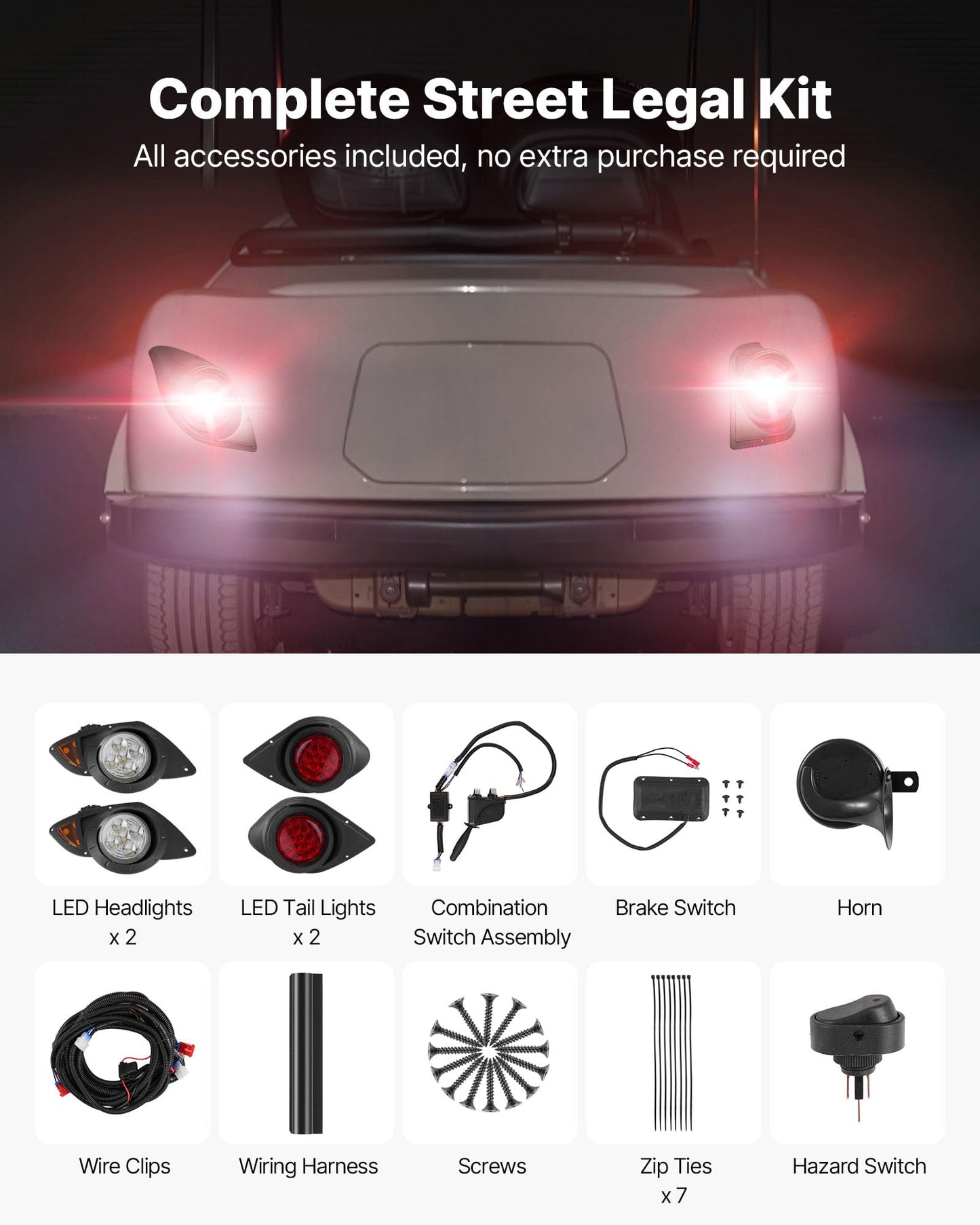 VEVOR Golf Cart Light Kit, 12 Volt, Street Legal LED Headlight and Taillight Kit with Wiring Harness, Turn Signals, Hazard Light, Switch Horn, Brake Pad, Zip Ties, ABS Housing, for Yamaha G29 2007-Up