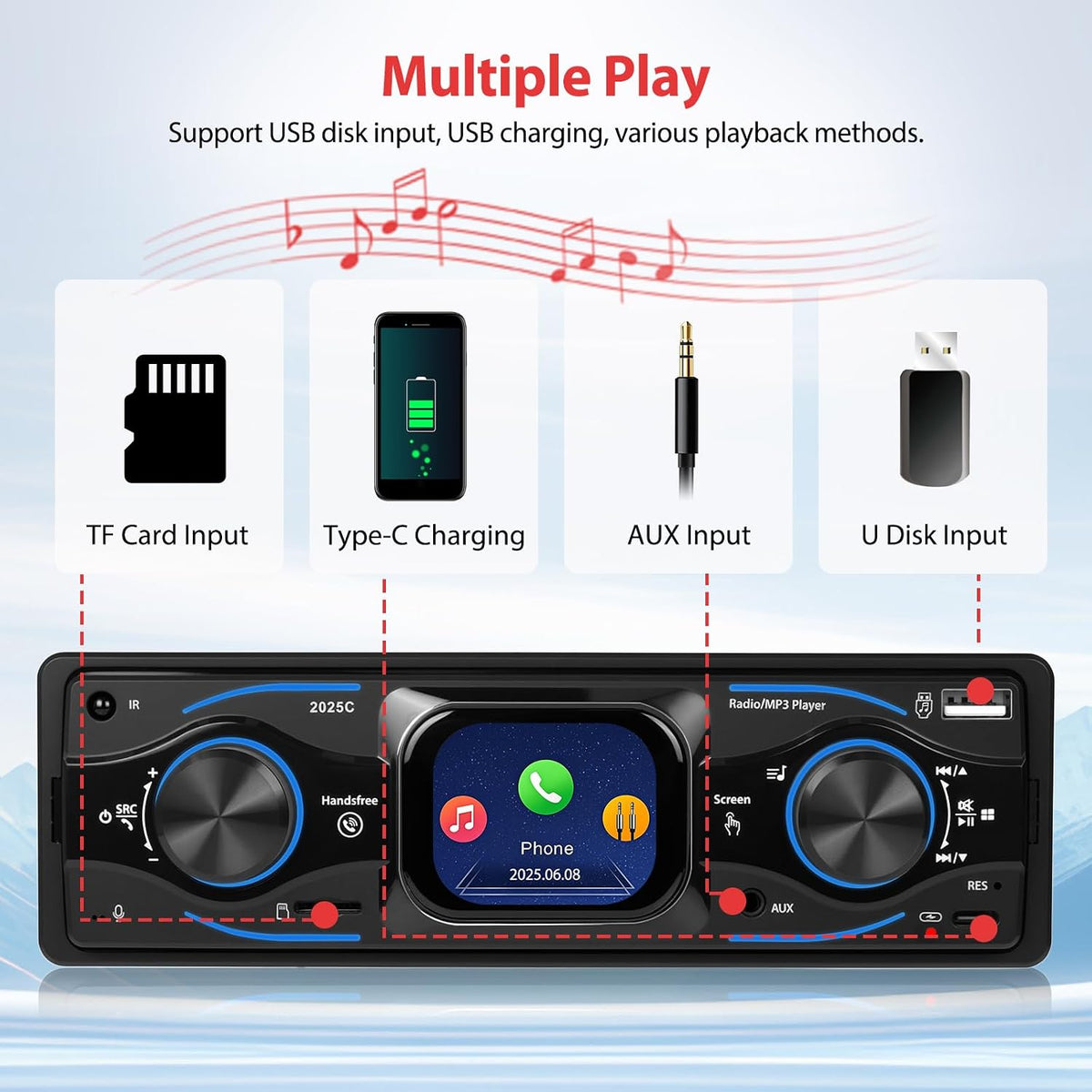 Motorsi 2.17" 12V MP3 Radio/MP3/SD/AUX-IN/USB/EQ/Quick Touch Screen Bluetooth Single Din Car Stereo Audio Player